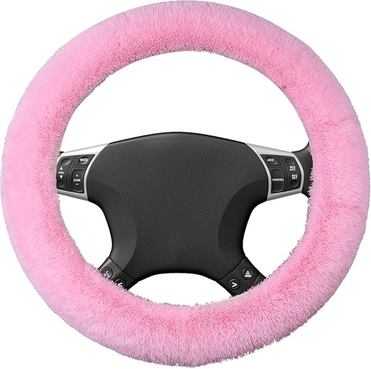Wuyaoyao Fuzzy Car Steering Wheel Cover, 15'' Soft Auto Steering Wheel Protector for Warm Winter, Elastic Anti-Slip Fluffy Wheel Covers, Universal Car Accessories for Women and Men (Pink)