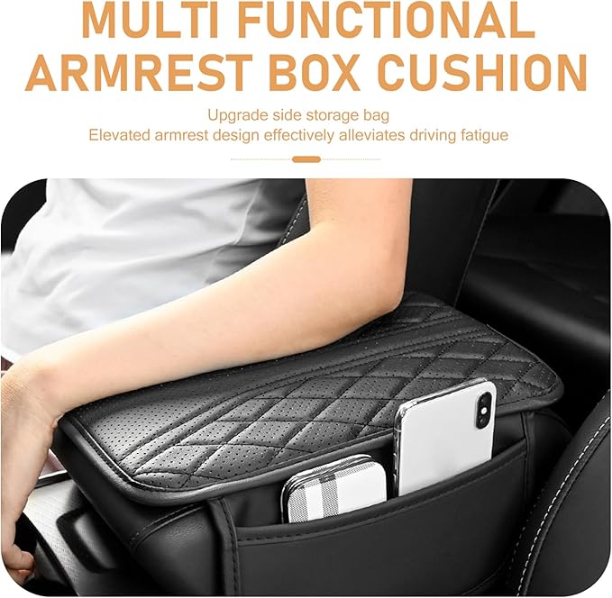 Car Center Console Pad, Leather Car Armrest Box Pad Cover, Vehicle Armrest Protector Cushion with 2 Storage Bags, Universal Arm Rest Pad for Car Interior Accessories Protect (Gray)