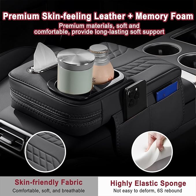 Car Armrest Storage Box for Cadillac SRX 2004–2016 2013 2014 2015, Sport-Style Center Console Organizer with Side Pocket, PU Leather Armrest Cushion, Elbow Support Pad,C Grey