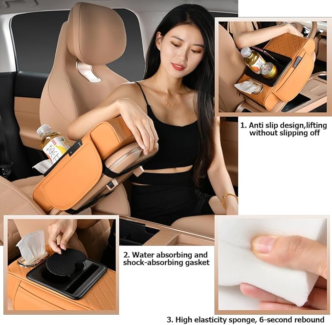 Car Armrest Cushion for SUV with Cup Holder 2.75"Height ,5-in-1 Center Console Cover with 2 Storage Bags , Tissue Box Slot, Phone Slot for Sedans, Car Accessories Interior Organizers (Black Red)