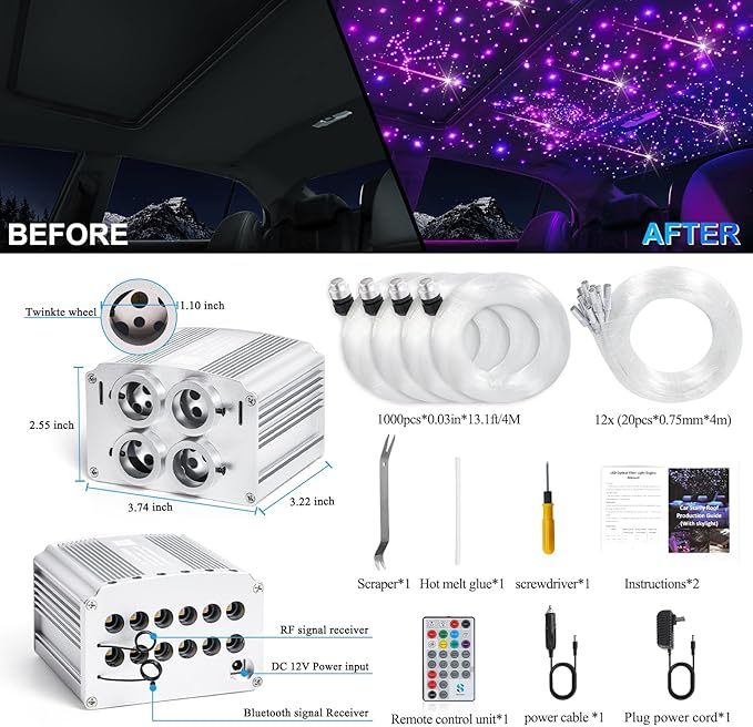 Car Starlight Headliner Kit, 4 Colors 32W Twinkle & Meteor Fiber Optic Ceiling Lights, 2 in 1 Light Engine 1000pcs*0.03in*13.1ft+240 RGBW Shooting Stars Lights for Car Home Roof Décor