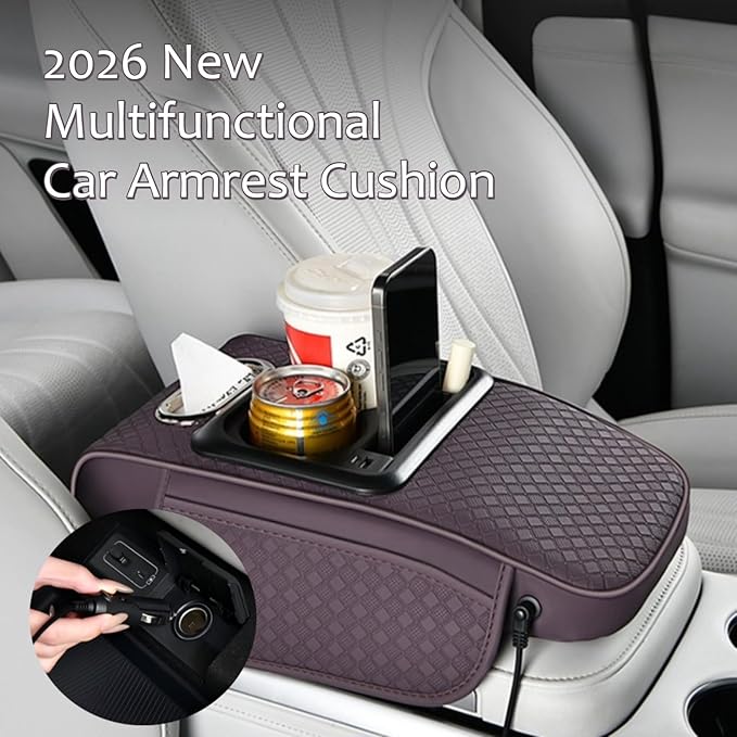 2026 Upgraded Car Center Console Cushion with 30w USB& Type-C Charging Ports, Leather Car Armrest Pad Cover, Interior Accessories for Most Vehicles (Classic Flat Version, Red)