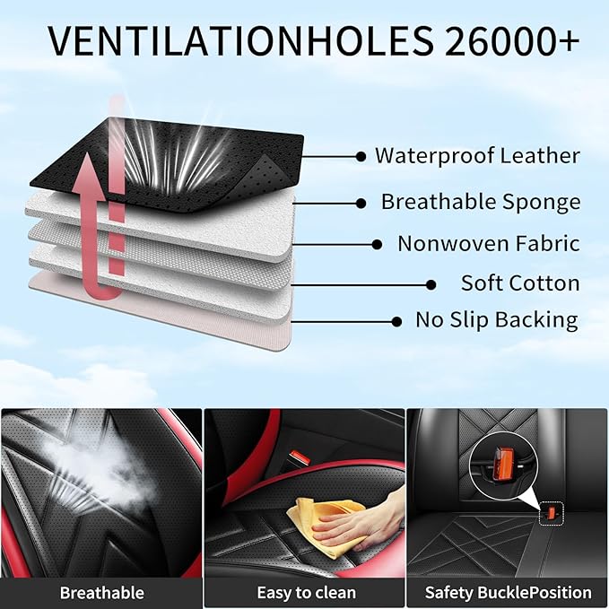 CX-50 Car Seat Covers Fit for Mazda CX-50 2023-2026, Full Coverage Premium Leather Waterproof Breathable Seat Covers, Automotive Seat Protectors, Airbag Compatible(Full Set Seats, Black & Red)