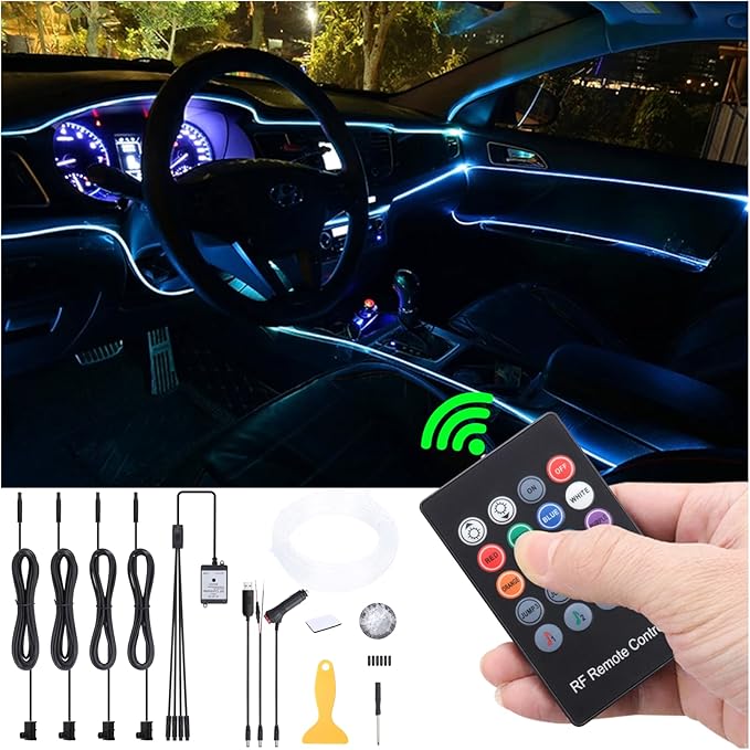 5 m Optic Fiber Car Ambient Lighting Kit RF Remote Control 8 Colors Multicoloured Music Interior Lighting Kit 12V 1W