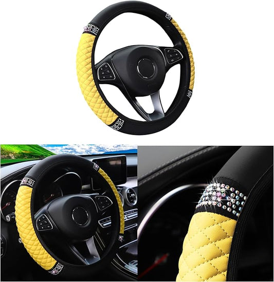 Bling Car Steering Wheel Cover, 15 Inch Rhinestones Soft Leather Elastic Steering Wheel Protector, Sparkly Crystal Diamond for Women Girls, Car Interior Accessories for Most Cars (Yellow)