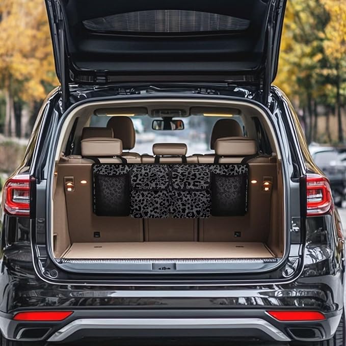 Black Leopard Print Backseat Trunk Organizer for Car Trunk Storage Bag with Lid Hanging Multipurpose Cargo Bag,Easy to Install