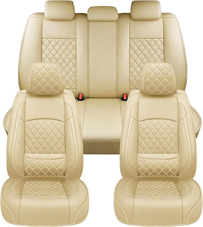 Fit Elantra Car Seat Covers for Hyundai Elantra 2017-2025 2026 - Premium Leather, Waterproof, All-Weather, Airbag Compatible, Anti-Slip, Breathable, Seat Protectors, Full Set, Beige
