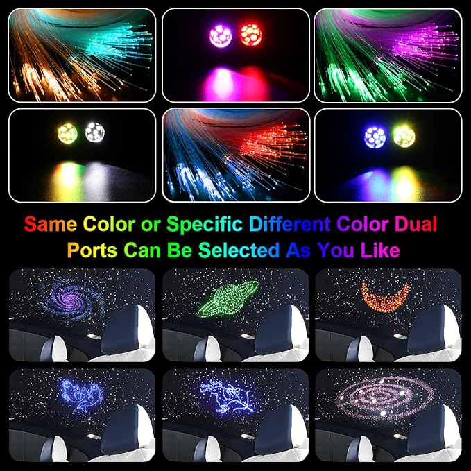AKEPO 20W Twinkle Dual-Head Dual Color Fiber Optic Lights, Fiber Optic Star Ceiling Light Kit Sound Activated APP Remote Control for Car Starlights Headliner/Home 600pcs 9.8ft/3m Fiber Strands