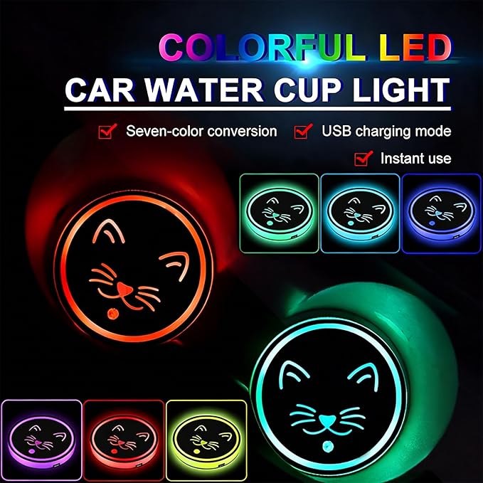 Raccoon LED Cup Holder Lights for Car,2Pcs LED Light Up Cup Holder Coasters with USB Charging 7 Colors 3 Modes,Waterproof Interior Atmosphere Lamp,Car Decor Accessories Raccoon Gifts for Women Men