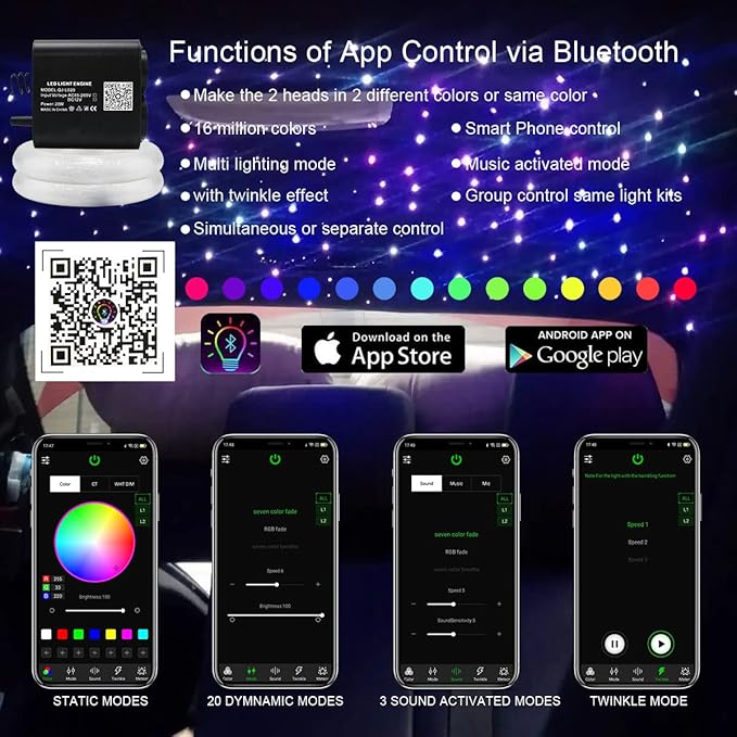 AKEPO 20W Twinkle Dual-Head Dual Color Fiber Optic Lights, Fiber Optic Star Ceiling Light Kit Sound Activated APP Remote Control for Car Starlights Headliner/Home 750pcs 9.8ft/3m Fiber Strands