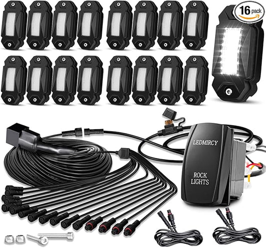 LEDMIRCY R2 Pure White Rock Lights Kit with Rocker Switch Wire Harness 16PCS Rock Lights White for Offroad Trucks ATV UTV SUV Underglow Light Trail Rig Light Under Body High Power Waterproof