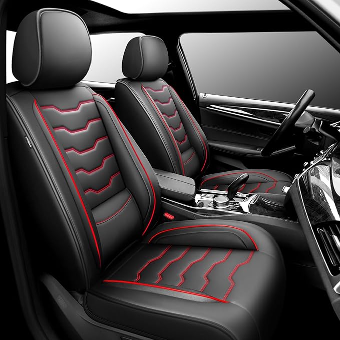 Fit Juke Car Seat Covers Compatible with Nissan Juke 2012-2015 2016 - Premium Leather，Waterproof Breathable，All-Weather Seat Cushion Protecto&Airbag Compatible (2 Front Seat Red Line Black)