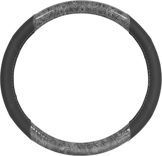 BDK BurlwoodLux Wood Grain and PU Leather Gray Steering Wheel Cover - Sport Grip for Car Auto SUV Trucks