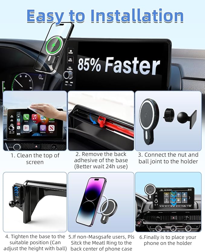 PZK Car Phone Holder for Toyota RAV4 2019-2025 Hybrid LE/XLE/Premium Accessories 7/8-Inch Screen Magnetic 15W Fast Wireless Charger Car Phone Mount 360° Rotation Not Affect Vent (Not Fit 9/10.5 inch)