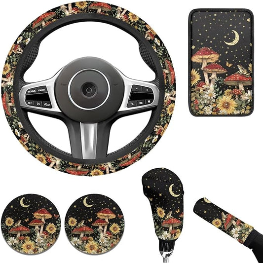 Sky Mushroom Picture 6pcs Car Steering Wheel Cover Set for Men Women Auto Interior Accessories Cup Coaster Cars Handbrake Cover Universal Fit Truck Van SUV
