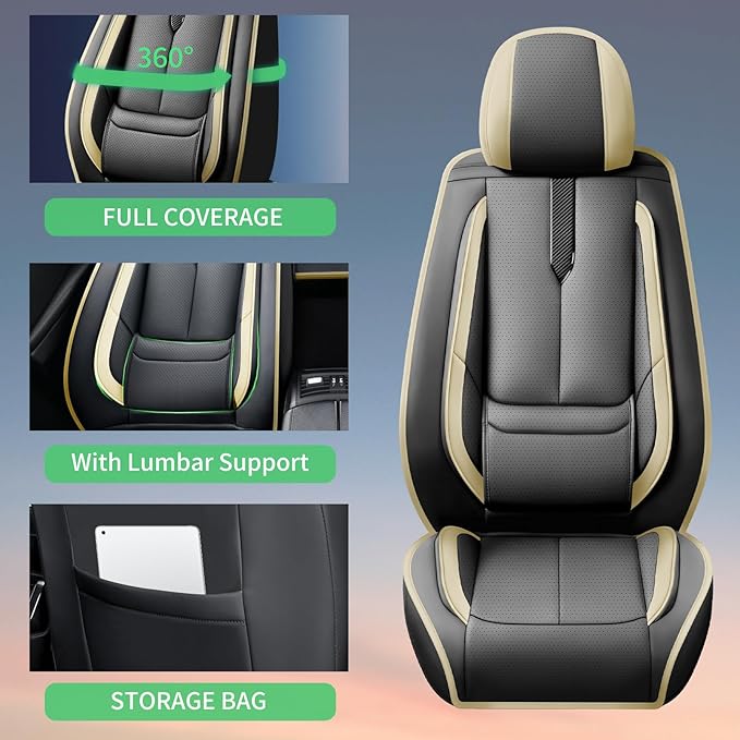 Fit Prius Car Seat Covers for Toyota Prius 2001-2024 2025 2026 -Upgraded Premium Waterproof & Breathable Leather,Airbag Compatible,All-Weather Seat Cushion Protector,Full Set,Black-Beige