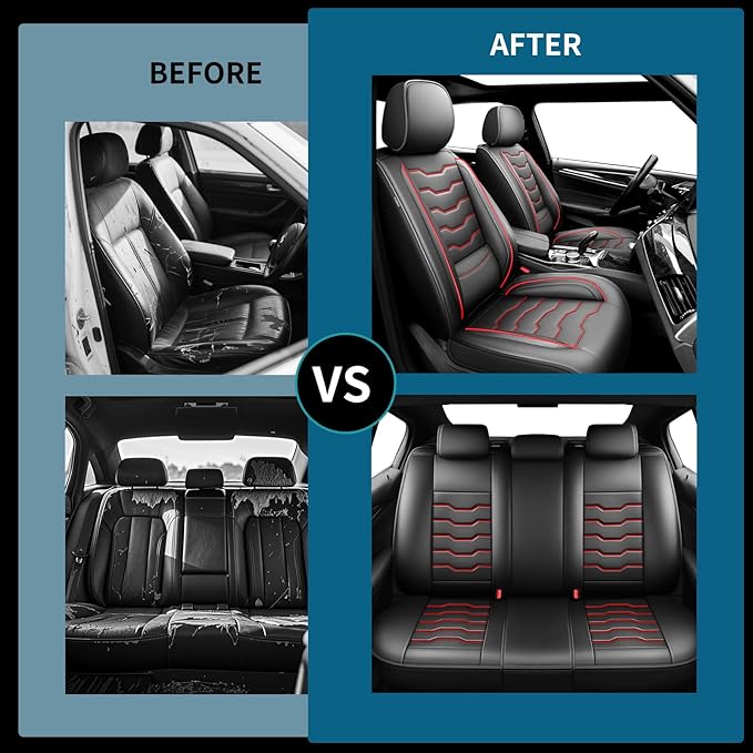 Fit Prius Car Seat Covers for Toyota Prius 2001-2025 2026 -Full Set Premium Leather, Waterproof, Breathable，All-Weather Seat Cushion Protecto & Airbag Compatible, 5-Seats Red Line Black