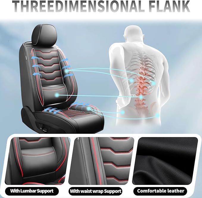 Fit Prius Car Seat Covers for Toyota Prius 2001-2025 2026 -Premium Leather, Waterproof，Breathable，All-Weather Seat Cushion Protecto & Airbag Compatible, 2 Front Seat Red Line Black