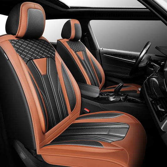 Fit Versa Car Seat Covers Compatible with Nissan Versa 2008-2025 2026 - Premium Leather， Waterproof Breathable， All-Weather Seat Cushion Protecto&Airbag Compatible (2 Front Seat Brown&Black)