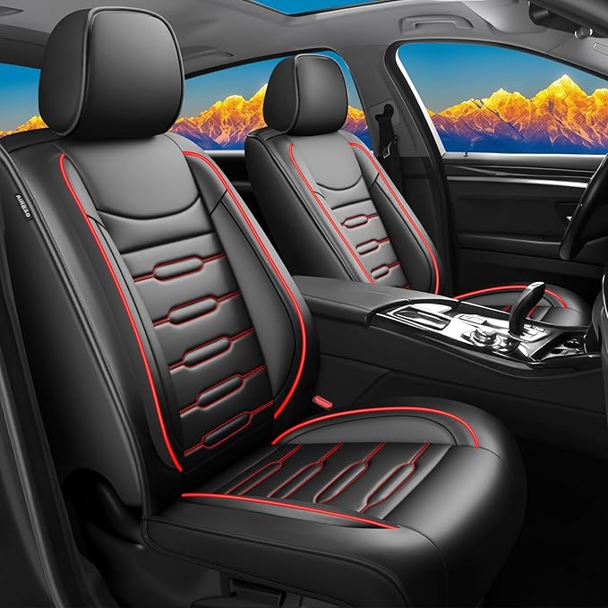 Fit 4Runner Car Seat Covers for Toyota 4Runner 2003-2024 2025 2026 - Upgraded Premium Waterproof & Breathable Leather, Airbag Compatible, All-Weather Seat Cushion Protector (2 Front/Black+Red)
