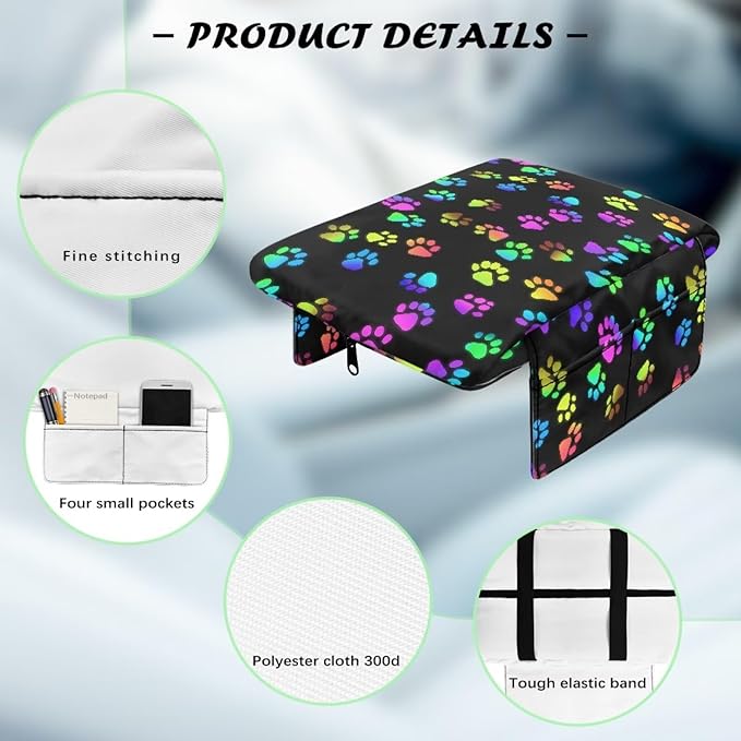 Dreaweet Colorful Dog Paw Print Center Console Cover Thick Arm Rest Cover for Car Women Cute Car Accessories Interior Middle Console Cushion Cover Pad with Pockets