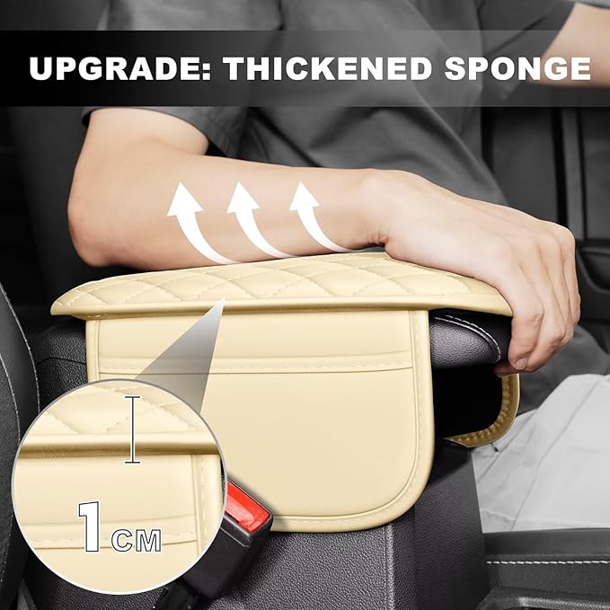 Upgraded Car Center Console Cover Fit for Land Cruiser Faux Leather Car Armrest Cover Cushion with 2 Storage Bags,Car Armrest Storage Box Interior Accessories(Beige&Whiteline)
