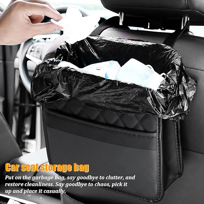 Car Seat Back Organizer, Leather Multipurpose Automotive Hanging Storage Bag Pockets, Vehicle Interior Backseat Trash Bag Can Organizer Accessories, Universal for Most Cars (Black)