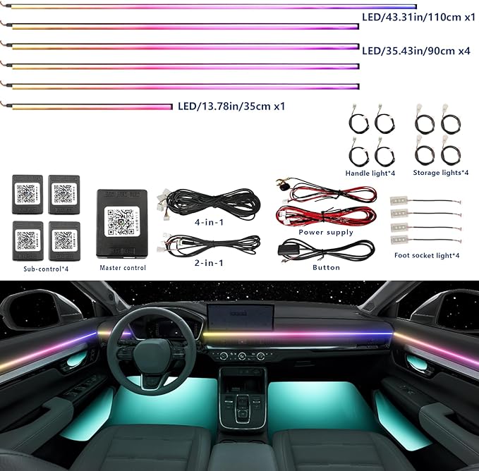 Acrylic Car Interior LED Lights, Wireless App, Ambient Lighting Kit, Fiber Optic LED Light Strips, 24 Million Colors, Music and DIY Functions