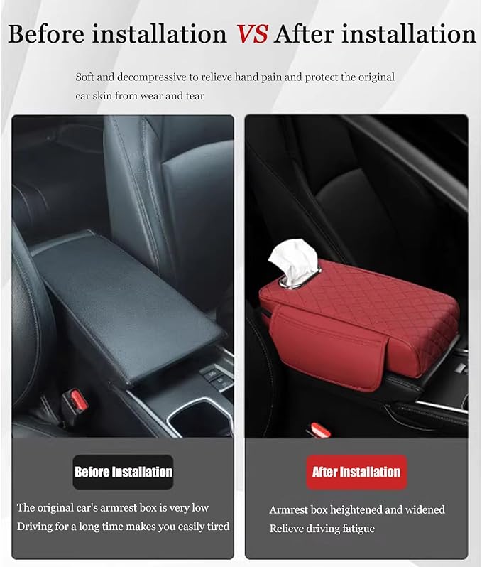 Car Center Console Cover for Infiniti FX SUV FX35 / FX37 / FX40 / FX45 /FX50, Leather Car Arm Rest Cover, Car Armrest Cushion with 2 Storage Bags Car Center Console Armrest Pad, C Black+Red
