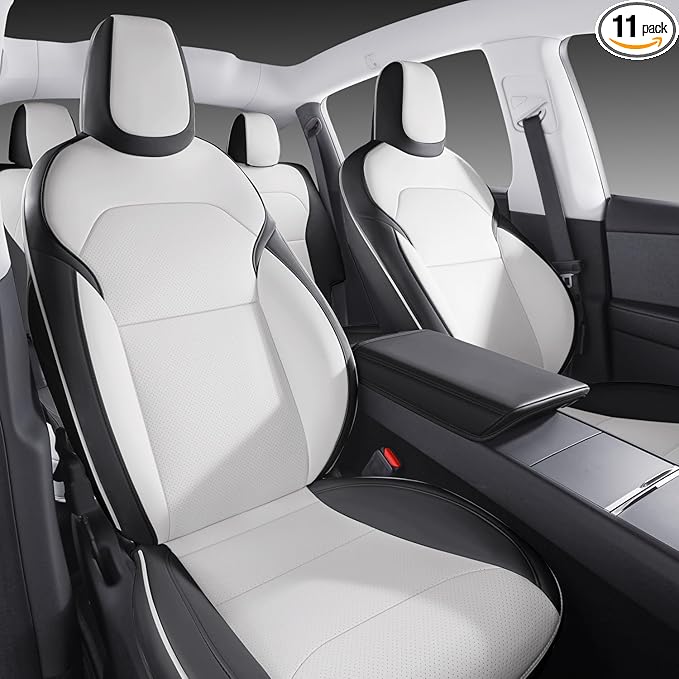 Nappa Leather Car Seat Covers Compatible with 2025–2026 Tesla Model Y Juniper, Black & White Two-Tone Design, Custom Fit Full Set, Airbag Compatible Car Interior Cushion Covers