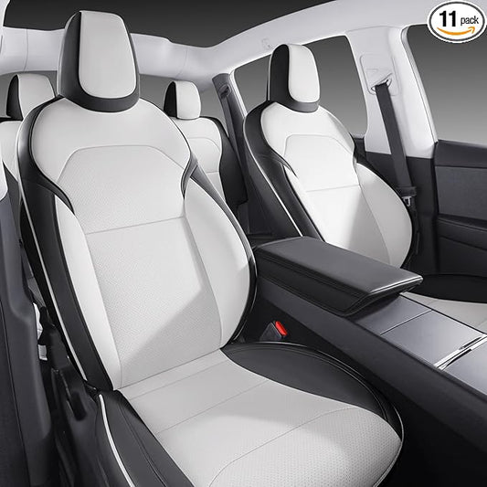 Nappa Leather Car Seat Covers Compatible with 2025–2026 Tesla Model Y Juniper, Black & White Two-Tone Design, Custom Fit Full Set, Airbag Compatible Car Interior Cushion Covers
