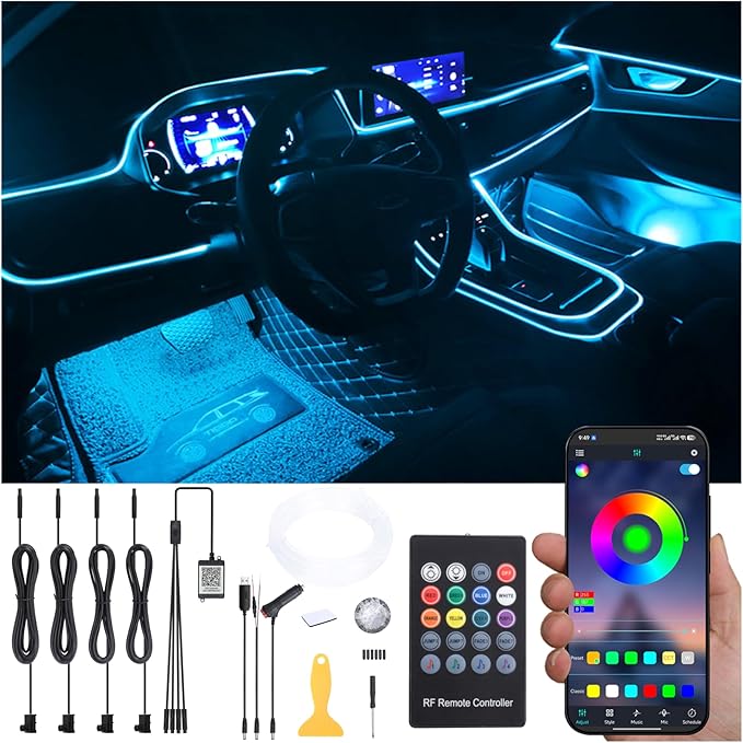 Car Atmosphere Light Kit 4m Fiber Optic RGB Multicolor Sound Active Music Sync Memory Function RF Remote Controller + Bluetooth APP Control 64 Colors USB Car Interior Ambient Lighting Kit 12V
