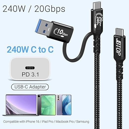USB A to C Android Auto Cable 3.3ft [2Pack],2-in-1 USB C 3.1 Fast Charging & 20Gbps Data Transfer USB CarPlay Cable, Compatible with iPhone 16 15 Pro Max, Galaxy S23, Pixel 9 Pro
