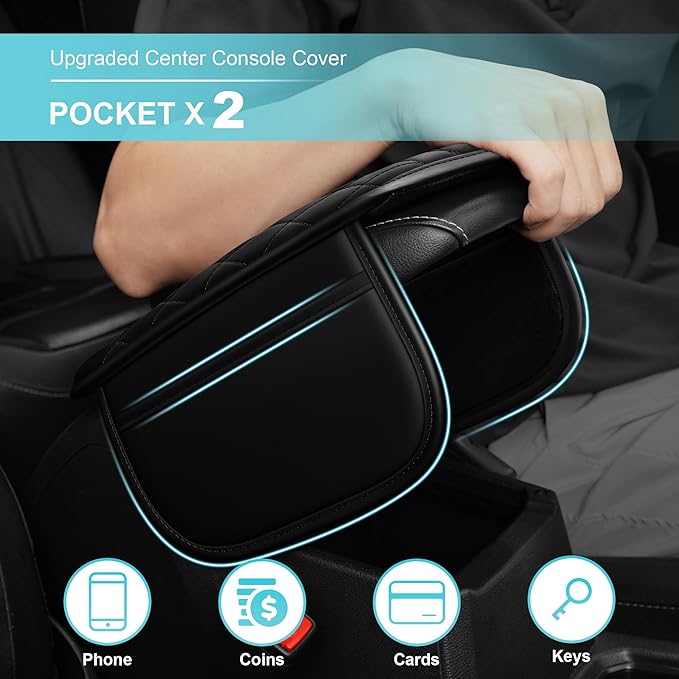 Center Console Cover Fit for Kia Forte 2010-2024 with 2 Storage Bags Waterproof Leather Quilted Pattern Car Armrest Cover Cushion Anti - Slip(Black)