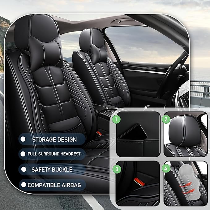 Leather Car Seat Covers Fit for Toyota Tacoma 2005-2024, 5 Seater Car Seat Cover, Premium Waterproof, Scratch Resistant Car Interior Accessories (Full Set with Pillow Black)