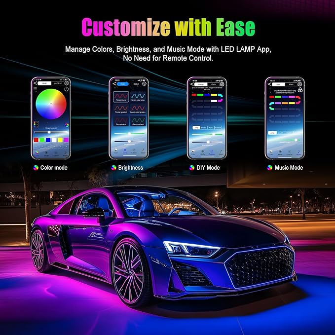 Yilaie Car LED Lights Interior, RGB Under Dash Lighting Multicolor with App Control, Music Sync and DIY Mode, Car Decorations Interior for Ambient Lighting with Charger Dc 12V