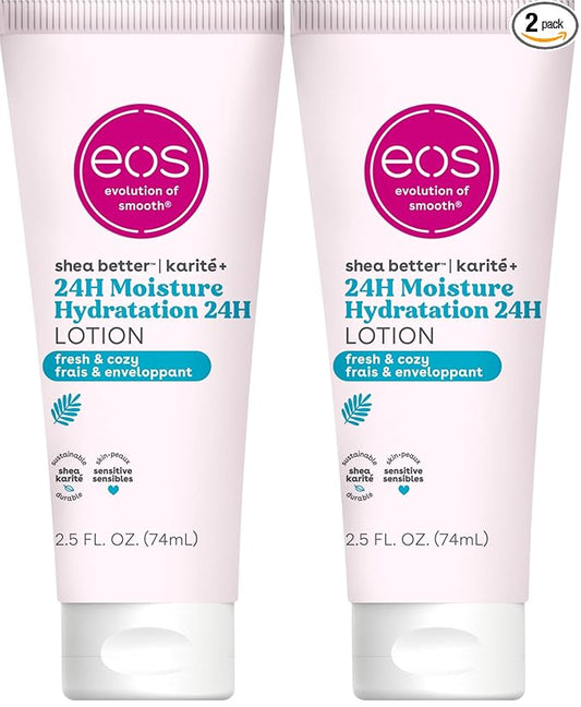 eos 24H Moisture Travel Body Lotion- Fresh & Cozy,Travel Size Essential,Toiletries,Mini Body Lotion,2.5 fl oz,(Pack of 2)