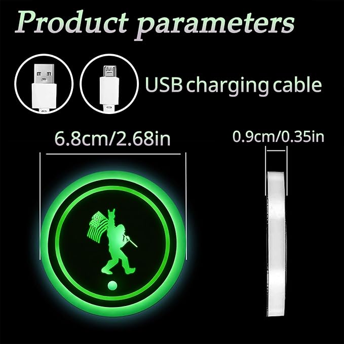Bigfoot LED Cup Holder Lights for Car,2Pcs LED Light Up Cup Holder Coasters with USB Charging 7 Colors,Waterproof Interior Atmosphere Lamp,Car Decor Accessories Sasquatch Gifts for Women Men