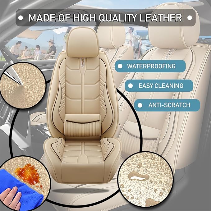 Leather Car Seat Covers Fit for Toyota Camry Solara 2004-2008, 5 Seater Car Seat Cover, Premium Waterproof, Scratch Resistant Car Interior Accessories (Full Set Beige)