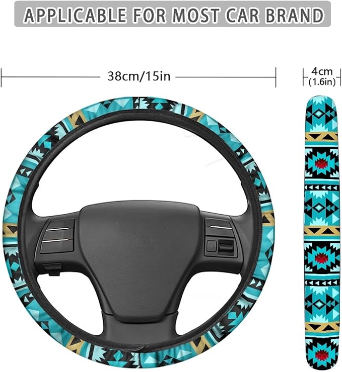 SEANATIVE Universal Steering Wheel Cover, Easy to Disassemble, Non-Slip Soft Steering Wheel Cover, Blue Aztec Print Auto Decor Accessiores
