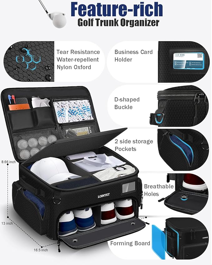 LOINTET Golf Trunk Organizer, Waterproof Car Golf Locker with Separate Ventilated Compartment for 2 Pair Shoes, Golf Storage for Balls, Tees, Cap, Clothes, Gloves, Accessories, Gifts for Men, Women