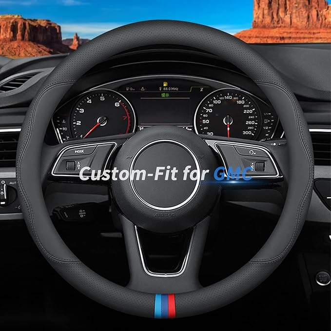 Custom-Fit for GMC Steering Wheel Cover, Premium Leather Car Steering Wheel Cover with Logo, Non-Slip, Breathable, for GMC Accessories (D-Style,for GMC)