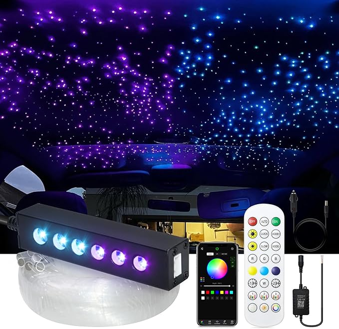 WEBUPAR 3.2W 6LEDs Meteor Starlight Headliner Kit, 360pcs 0.01in 6.56ft, RGBW Shooting Stars Fiber Optic Lights with Bluetooth APP Control for Car/Home Theater