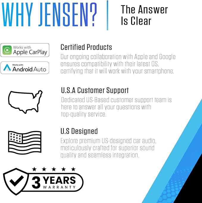 JENSEN J5CA14 14-inch Certified Apple CarPlay Android Auto Wired or Wireless | Maestro & Metra Axxess Ready | Single & Double DIN Car Stereo | SiriusXM Ready | Bluetooth | Front & Rear Camera Inputs