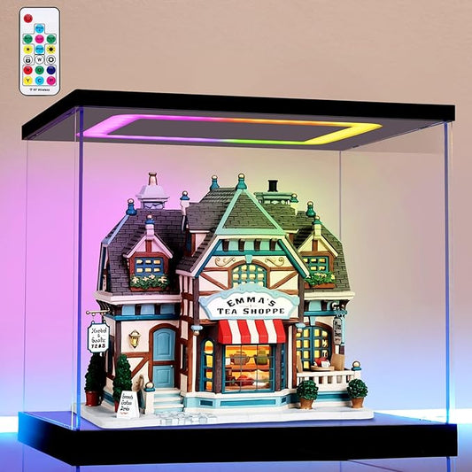 Clear Acrylic Display Case with Light for Miniature House Building Sets, Multiple Color Lights Dustproof Protection Display Box for Collectibles Action Figures（11.4×9.4×9.8inch）