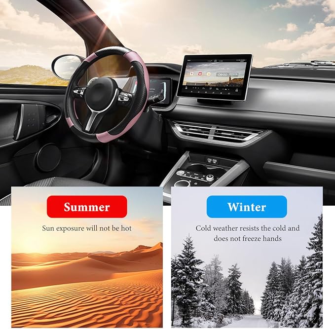 Car Steering Wheel Cover, 15 Inch Anti-Slip Stretch Leather Steering Wheel Protector, Comfortable Breathable Sporty Steering Wheel Cover for Women Men, Car Accessories (Black & Pink)