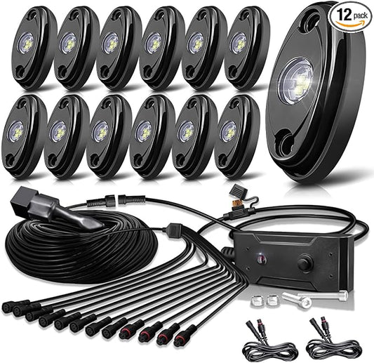 LEDMIRCY R1 Pure White Rock Lights Kit with Switch Wire Harness 12PCS Super Bright LED Rock Lights White for Offroad Trucks ATV UTV SUV High Power Underglow Under Body Light Waterproof Shockproof