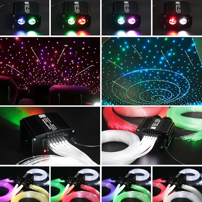 AKEPO Different Color 18W Twinkle+Shooting Star All-in-1 Fiber Optic Starlight Headliner Kits, 600pcs*0.03in*9.8ft+240pcs Meteor Fibers Car Home Remote/APP Music Activated Optic Fiber Star Lights