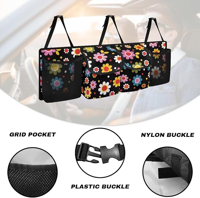 Daisy Car Trunk Organizer Hanging Car Organizer Back Seat, Car Hanging Accessories with 2 Pockets & 2 Mesh Pouches for Groceries, Will Provide More Space for SUV, Trucks, Van, Sedan