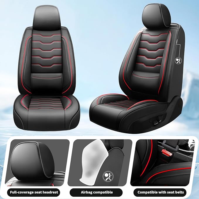 Fit Murano Car Seat Covers Compatible with Nissan Murano 2004-2025 2026 - Full Set Premium Leather， Waterproof Breathable， All-Weather Seat Cushion Protecto&Airbag Compatible（Red Line Black
